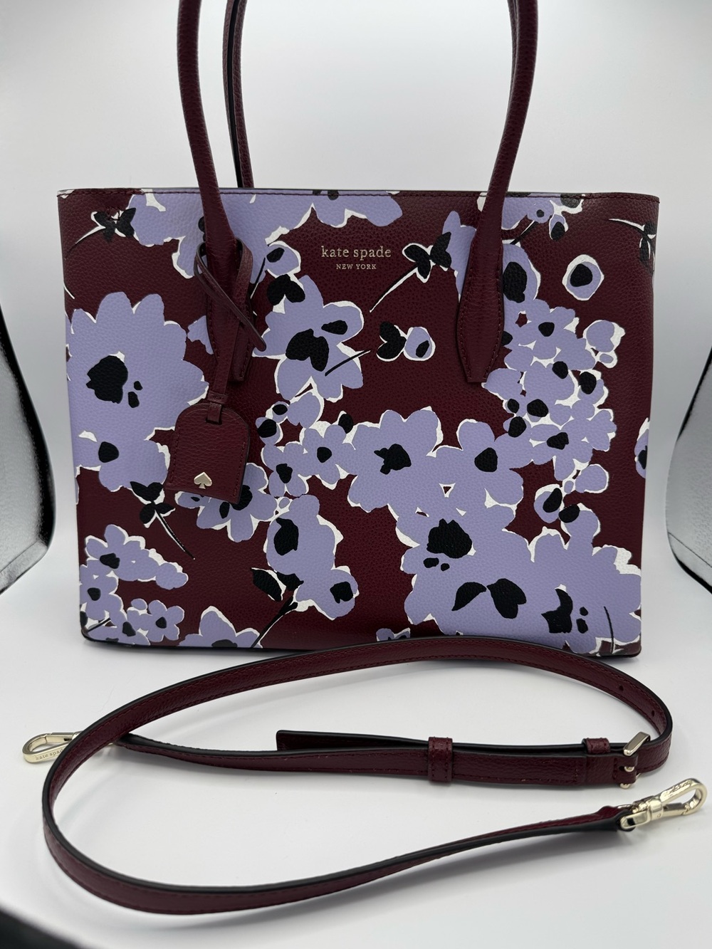 Kate Spade Eva Purse Floral Pebbled Satchel, Burgundy/Purple, Detachable Strap